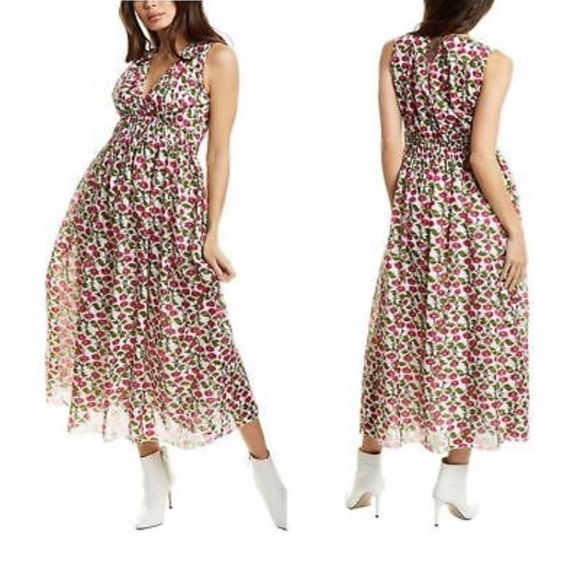 Roller Rabbit Dakini Lune Floral Maxi Dress Sleeveless Pleated White Green Sz L - Picture 4 of 14